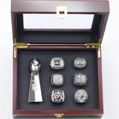 6 pc rings Pittsburgh Steelers SILVER + trophy + box NFL Super Bowl REPLICA Ring Cover