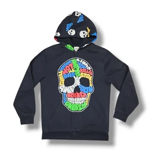Old Navy Skull Print Sherpa Lined Zip Up Black Hoodie Boys Size XL 14-16 - Picture 1 of 9