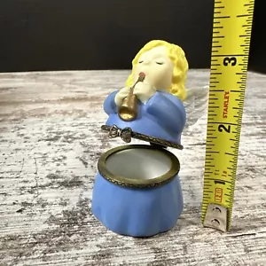 Angel Hinged Porcelain Trinket Box, JCM -Blue Dress, Blonde Hair - 3 inch Height - Picture 1 of 11