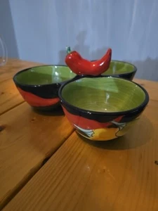 Neu ohne Etikett! CLAY ART 3 Abschnitt Jalapeno Griff Gewürzschale Keramik - Bild 1 von 7
