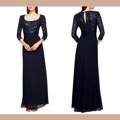 NWD Kay Unger Sequin Lace & Silk Chiffon Gown Navy Blue [ SZ 16 ] #G733 - Image 1 of 4
