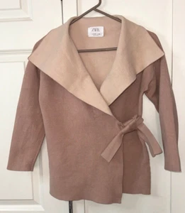 ZARA Girls Cardigan Knit Two Tone Tan Beige Front Side Tie Size 9-10 - Picture 1 of 7