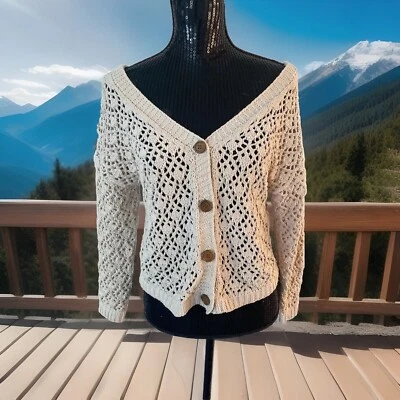 Artelier Nicole Miller Open Knit Button Front Cardigan Sweater Sz S Tan Crochet - Image 1 of 4