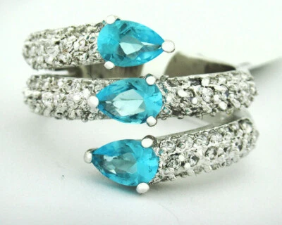 LAB BLUE TOPAZ 1.52 Cts & WHITE SAPPHIRE RING .925 Silver Plated - NEW WITH TAG - Image 1 of 4