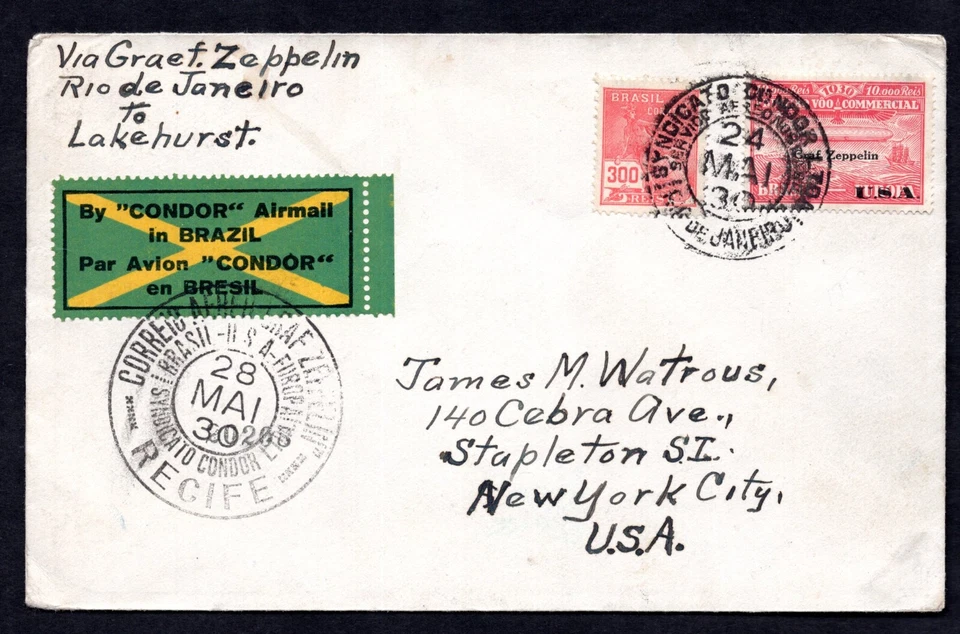 BRAZIL TO US 1930 CONDOR ZEPPELIN ROUND FLIGHT FRANKED PRIVATE CO. ZEPPELIN - Image 1 of 2