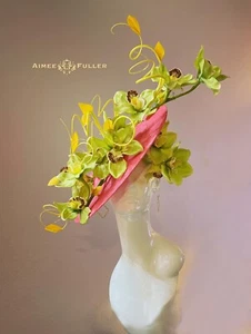 Aimee Fuller Kentucky Derby Hat Hot Pink Couture Yellow Orchid Ascot Fascinator - Picture 1 of 24
