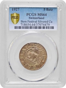 Switzerland 5 batz 1927, PCGS MS64, "Bern Festival Silvered Cu" Top Pop 1/0 - Picture 1 of 4
