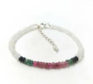 925 Sterlingsilber natürlicher Regenbogen Mondstein + Multi Turmalin 3-4 mm Armband 7 Zoll - Bild 1 von 7