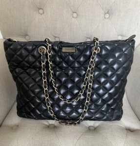 Jaeger Black Quilted Large Genuine Soft Leather Bag With Shoulder Gold Chain - Picture 1 of 10