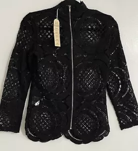NWT Southern Fried Chic Lace Panel Jacket Black Zipper Front High Neck Sz SMALL - Picture 1 of 8