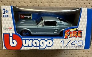 Burago 1/43 Street Fire Diecast Car 1967 Ford Mustang GT Fastback 1968 Blue