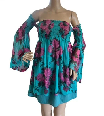 Betsey Johnson 露肩丝绸玫瑰上衣,美国制造,尺寸 P,全新无标签 — 第 1/4 张图片