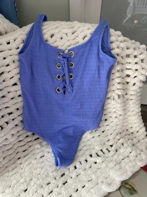 CALIFORNIA WAVES Women’s “Lace-Up 1pc Swimsuit” Size Large Periwinkle NWOT - Image 1 of 4