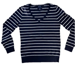 Tommy Hilfiger Pullover M gestreift V-Ausschnitt Pima Cotton Pulli klassisch blau/weiß - Bild 1 von 4