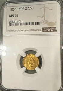 1854 Gold Dollars Indian Princess Head, Type 2 Small Head NGC MS 61 - Picture 1 of 5