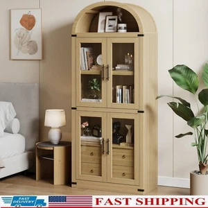 Arched Pantry Cabinet with Doors 71in Tall Wood Bookcase with 2 Drawers Natural - Picture 1 of 9