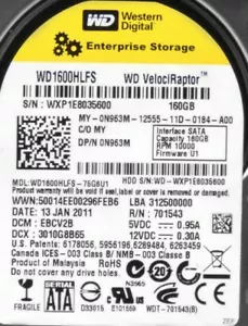 Western Digital VelociRaptor 160GB 10000RPM 3Gbps SATA 3.5" Hard Disk WD1600HLFS - Picture 1 of 1