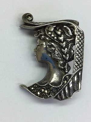 Broche prendedor de dama de plata de ley 925 firmado N vintage - piedras redondas de marcasita Foto 1 de 2