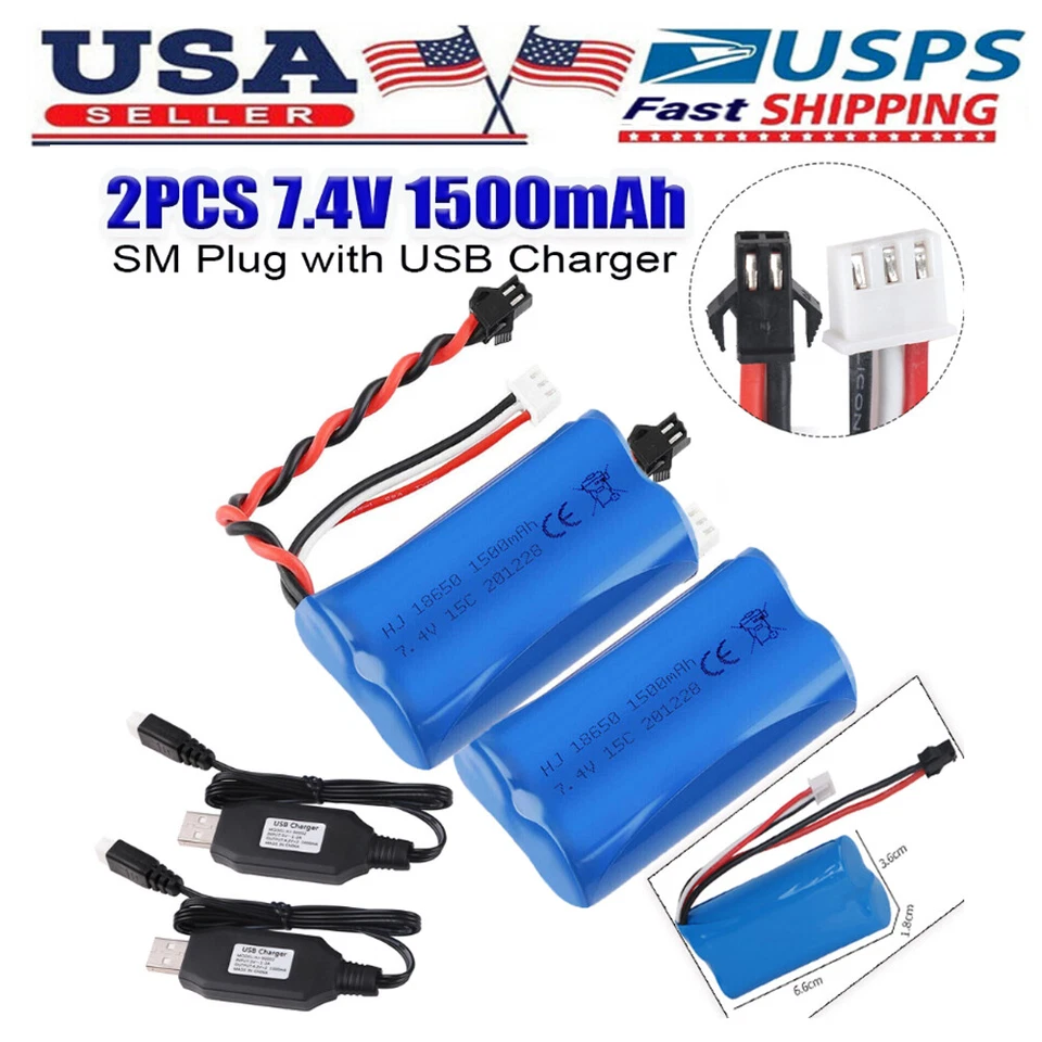 2X 7.4V 1500mAh Li-ion Battery 15C SM Plug Rechargeable Battery USB Charger RC - Image 1 of 4