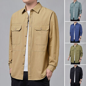 Men's Shirt Cargo Long Sleeve Solid Color Cotton Cardigan Casual Jacket Work Top