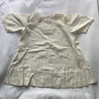 Vintage Handmade Baby Dress Muslin Cotton Off White Embroidered Antique 15” L - Image 1 of 4
