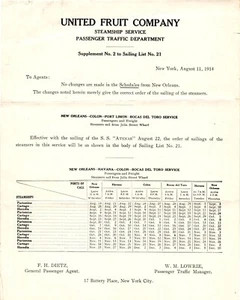 1914 United Fruit Company Steamship Service Supplement No. 2 Schedule - Picture 1 of 2