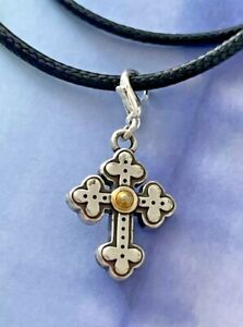 Brighton Ornate Gold & Silver Cross Pendant non-brand Black Cord Necklace 18"