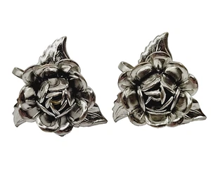 Rose Silver Tone Ornate Floral Feminine MCM Era Screwback Style Earrings - Picture 1 of 11