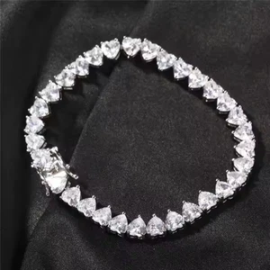 14k White Gold Plated 9CT Heart Cut Lab Created Diamond Tennis Bracelet 7.5" - Picture 1 of 4