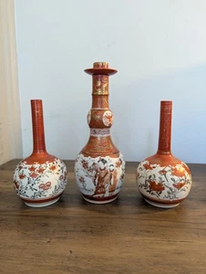 Japanese Kutani Porcelain Vases Meiji Period Signed Set Of 3 - Picture 1 of 24