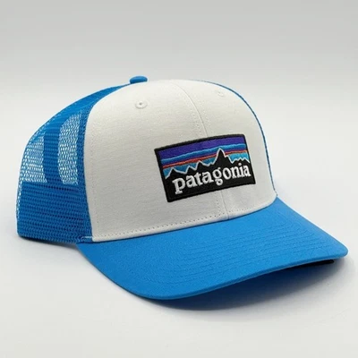 Patagonia P-6 Logo Trucker Sombrero Snapback Malla Ajustable Blanco Buque Azul Gorra Foto 1 de 4