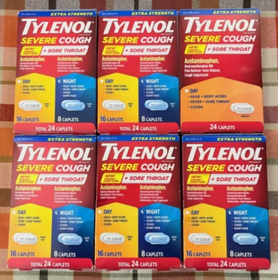 6x Tylenol Extra Fuerte Tos Severa + Dolor de Garganta Comprimidos 24 ct Foto 1 de 4