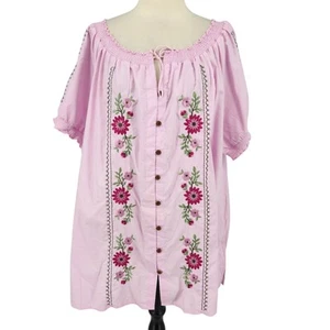 SALE Pink Cotton Blend Floral Embroidered Short Sleeve Top with Smocked Neckline - Picture 1 of 7