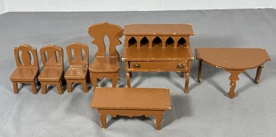 Vintage Wood Dollhouse Furniture Lot 7pc Dining Room Brown 1:12 Scale - Image 1 of 4