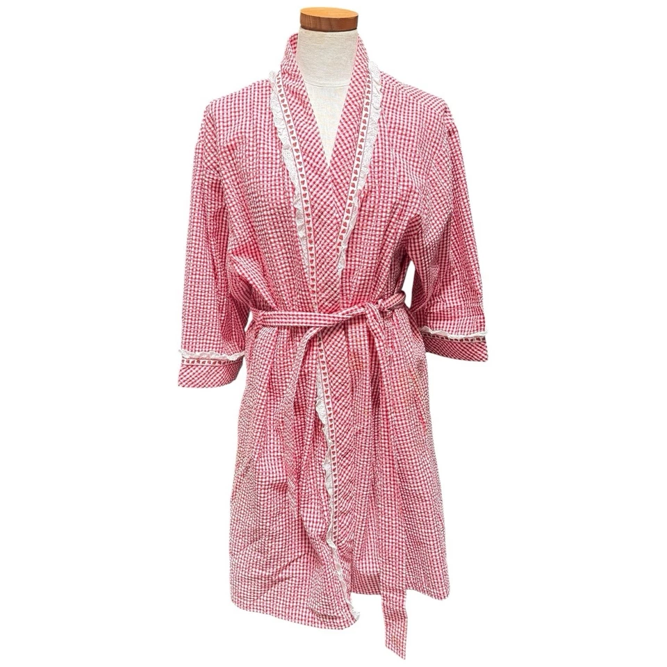 Bata de colección LANZ OF SALZBURG para mujer roja blanca guinga fresa encaje ribete grande Foto 1 de 4