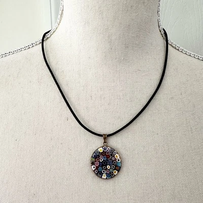 Italian Glass Millefiori Round Pendant Silver Rim Black Leather Strap Necklace - Image 1 of 4