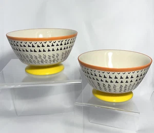 Set of 2 West Elm Geometric Pedestal Cereal Soup Bowl Orange Rim Yellow Base - Picture 1 of 7