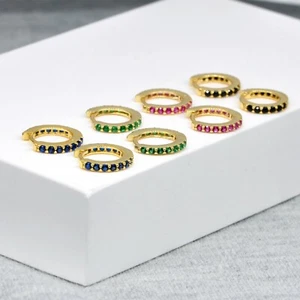 Small Sterling Silver Huggie Hoop Earrings with Multi CZ Crystals - Picture 1 of 17