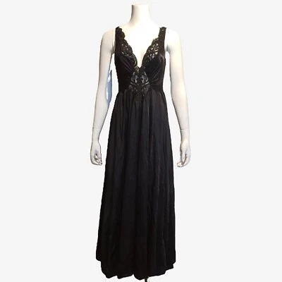 OLGA Camisón Largo Extra Grande Negligee 92270 Negro Barrido Completo Nylon Satinado Foto 1 de 4
