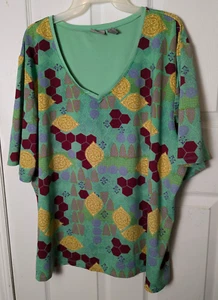 Brisas Green Gold Geometric Print Smooth Knit Top 3X Casual Tshirt V Neckline - Picture 1 of 5