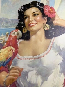 Mexico Seniorita Pin Up Art Girl Lady Print Or Girl 1940’s Original Parrot Bird - Picture 1 of 11