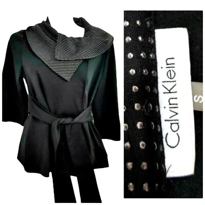 Calvin Klein Coat Womens Small Black Pindot Oversize Lapel Belt Career Church - Image 1 of 4