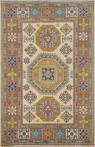 Ivory Geometric Super Kazak Oriental Hand-knotted Area Rug Wool Carpet 4x6 ft. - Picture 1 of 12