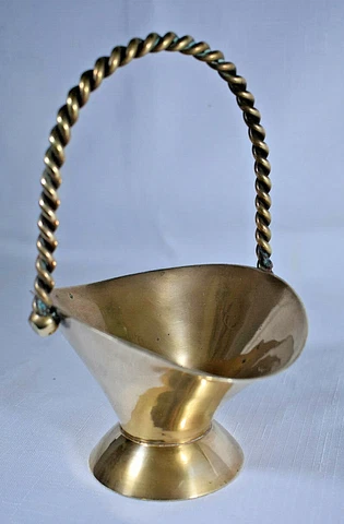 Vintage Miniature Brass Flower Basket with Twisted Rope Handle Cover