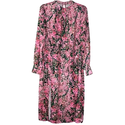 H&M Long Sleeve Pink & Green Midi Dress Size 8 High Neck Open Back Lightweight - Image 1 of 4