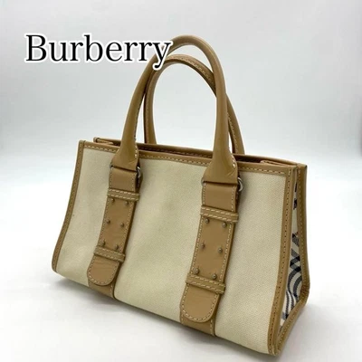 Burberry Tote Bag Handbag Beige Canvas Leather Check - Image 1 of 4