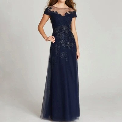 Teri Jon Navy Blue Beaded Gown Sequin Tulle Illusion Dress Sz 6 - Image 1 of 4