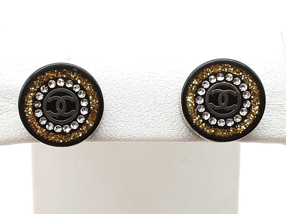 Chanel 17a Cc Oro Brillo Negro Resina Redondo Pendientes Do1125lxzde Foto 1 de 3