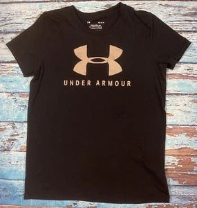 Womens UNDER ARMOUR Shirt Medium Black And Tan Short Sleeve - Picture 1 of 4