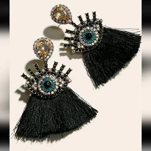Augendekor Quaste Ohrhänger, gravierter Strass, schwarz, Boho Ohrring - Bild 1 von 3